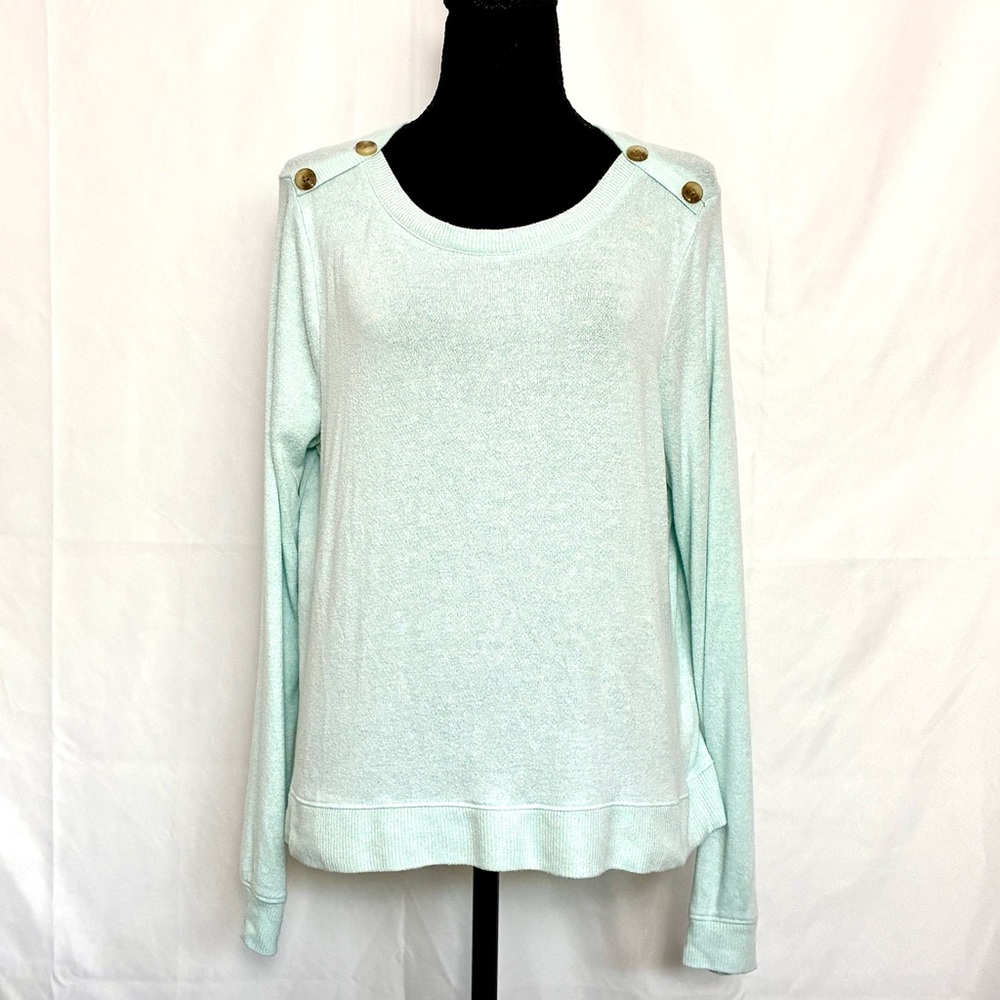 J.Crew Button Shoulder Sweater Women’s L Mint Heather Pullover Viscose Blend